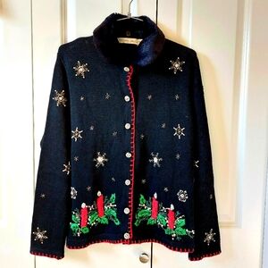 Candles in the Starlight Christmas Sweater‎ size Large Victoria Jones Faux Fur